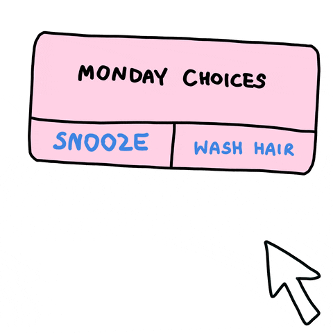 a GIF that states: Monday choices, snooze or wash day