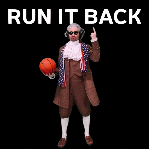 Man dressed as a founding father in shades and headphones with a basketball, captioned 'Run It Back'