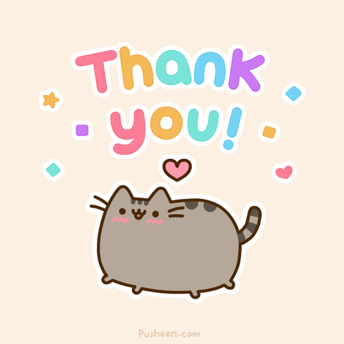 Thank you by pusheen - bouncing cat cartoon with balloon font words "Thank You"