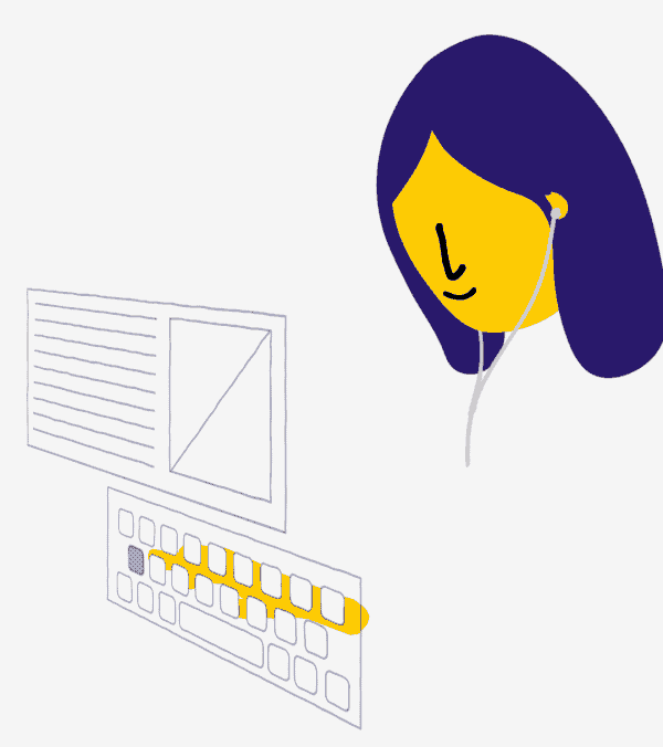 Gif of a woman with purple hair listening to music with headphones in, while moving her hands on a keyboard.