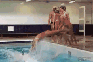 a series of people diving into a synchronously, with the last flopping in, uncoordinated.