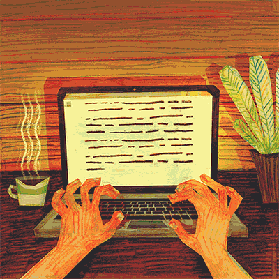 Ilustração de duas mãos escrevendo em um notebook, com um café de um lado e uma planta do outro