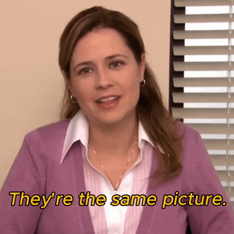Pam from The Office holding up two pictures with a knowing reaction