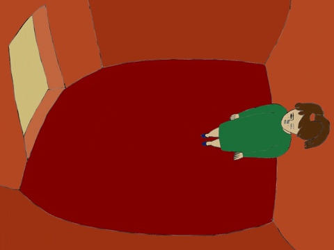 An animated scene of the perspective changing of a woman in a room