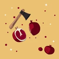 An axe and split pomegranates on ochre