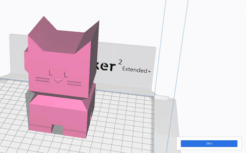 A GIF of a cat 3d model in Cura. White background with pink 3d model of a cat. The cursor clicks the button that says "Slice" and a progress bar starts and finishes. When the progress bar is finished, new buttons are revealed: "Preview" and "save to Removable device". The cursor clicks the "preview" button which reveals a toggle bar on the right hand side. The cursor moves the bar up and down. As the cursor toggles the bar up and down, each layer of the cat model are revealed, demonstrating the model's infill.