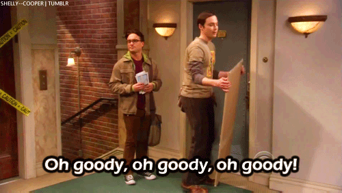Shelden from the Big Bang theory stands outside an apartment with a giant envelope in his hands, bouncing up and down. Text overlay reads