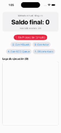 Demostración interactiva en SwiftUI simulando 50 hilos concurrentes