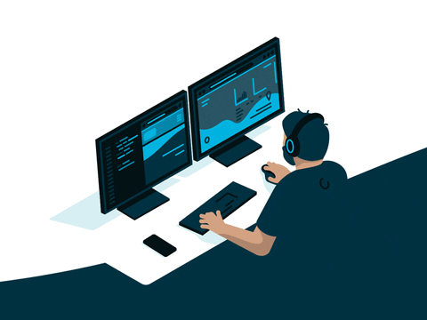 Animação de um homem com fones de ouvindo mexendo em um computador de alta tecnologia com duas telas, onde ele analisa gráficos.