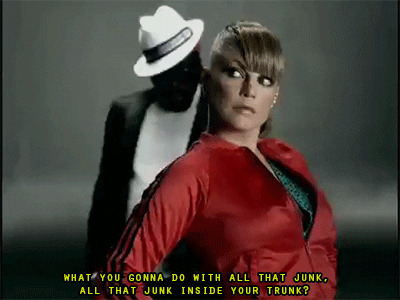 GIF of Fergie from the black eyed peas with lyrics on the screen reading what you gonna do with all the junk, all that junk inside your trunk? for lil helper blog post got extra junk in the trunk