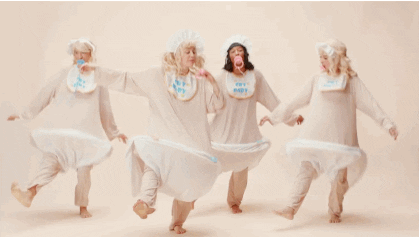 GIF of 4 dancing adults dressed up in giant baby suits. 6 surprising causes of diaper leaks by LilHelper.ca Blog