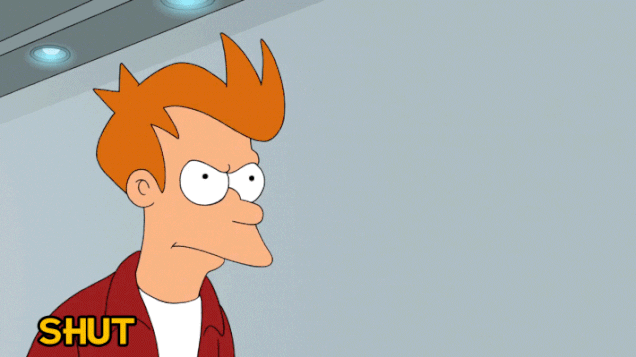 Animation of Fry from Futurama saying "Shut up and take my money" while thrusting forward a wad of dollars.