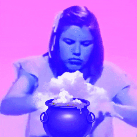 A neon gif of a little girl making magic out of a tiny cauldron