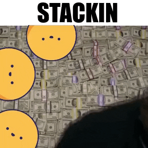 Yellow emojis swimming in dollar bills with 'STACKIN'
