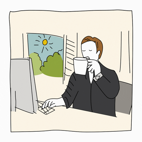 caricatura de un hombre con una taza y trabajando en la computadora.