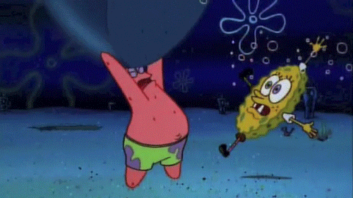 Angry Patrick smashes Spongbob with a rock. Spongebook is flattened and then broken apart into tiny cubes