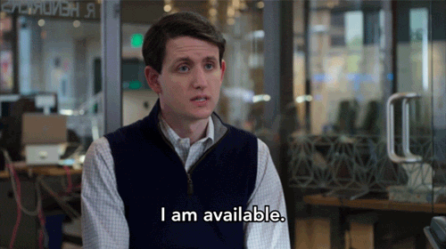 GIF of a funny scene from Silicon Valley: Jared: "I'm available. Not emotionally, obviously."