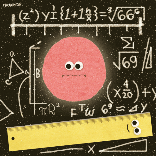 red circle with eyes looks nervous among equations, ruler with eyes smiles below