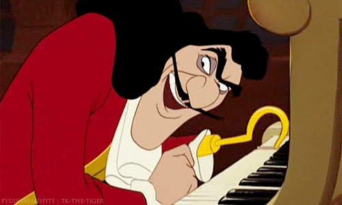Animated image, GIF of Captain Hook playing the piano with his gold hook. 