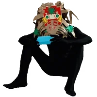 Seated figure holding a small blue object, wearing a large ornate cardboard headdress