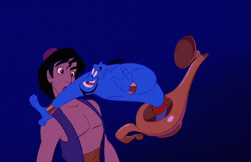 An animated gif of Aladdin rubbing the magic lamp, causing a puff of smoke to appear and the Genie to whirl out.