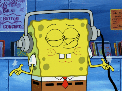 SpongeBob SquarePants bobbing his head and snapping his fingers to music with headphones on.
