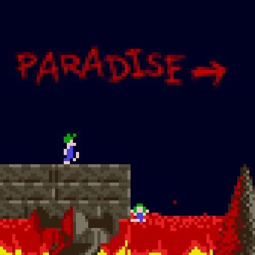 8 bit graphics from only lemmings game with lemmings walking off ledge into lava