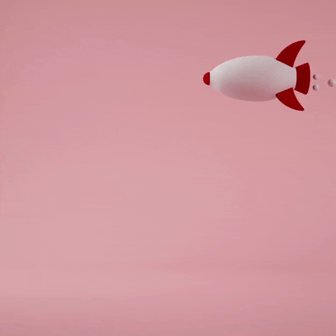 a 3d rocket flying against a pink background