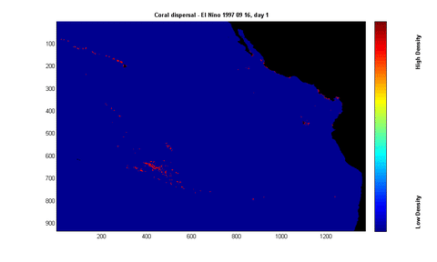 Imagen arrojada por el simulador muestra la migración de las larvas coralinas. La imagen muestra una porción de la costa americana y  los puntos rojos indican la ubicación de los arrecifes. Es posible ver a, la izquierda de la imagen, los arrecifes de la Polinesia Francesa, en el Pacífico Central y a la derecha, los arrecifes de la costa americana. Los primeros muestran una mayor migración de larvas comparado a los segundos.