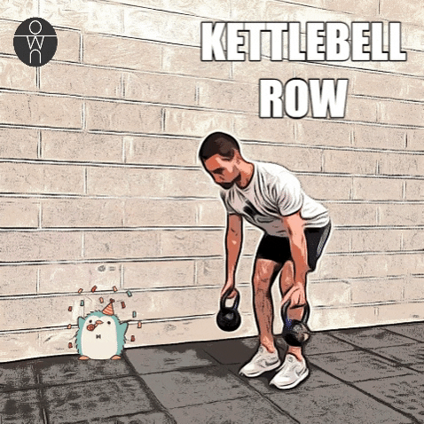 Gif compilant plusieurs photo d'un personal trainer en train de faire un kettlebell row avec deux kettlebells.