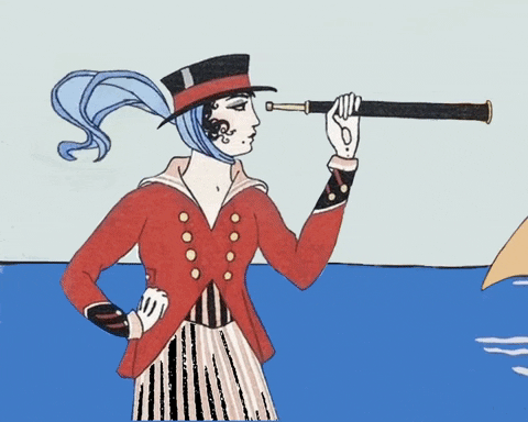 A woman in a pirate's outfit stares through a telescope. In the background, a sailboat passes by.