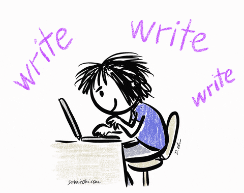 outline of a transparent cartoon with black hair sitting at a desk wearing a purple shirt and tapping on a laptop 