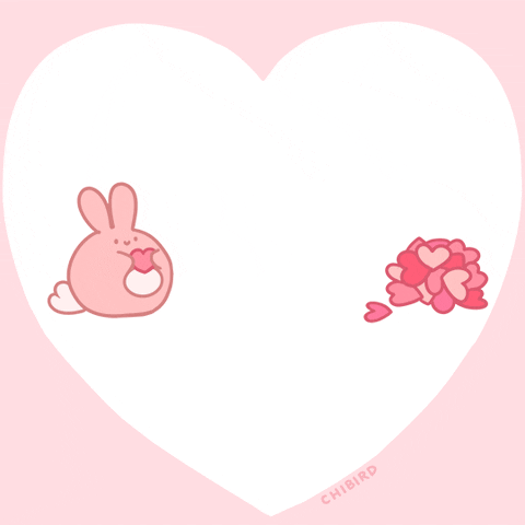 A rabbit tosses a pink heart onto a pile of other hearts. In the arc are the words "Happy February!"