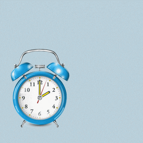 Gif of alarm clock with spinning arms and words spring forward