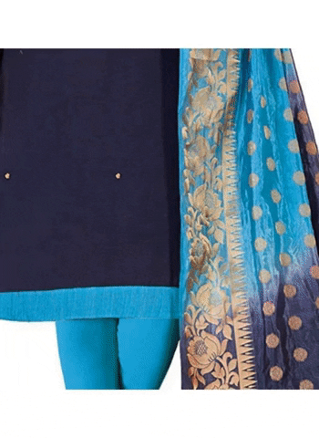 Generic Women's Slub Cotton Unstitched Salwar-Suit Material With Dupatta (Navy Blue, 2 Mtr)