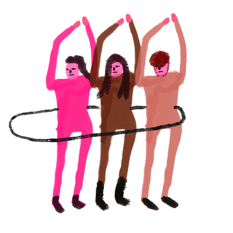 There are three cartooned people with hands in the air hooping with one shared hula hoop. 1st person is wearing a pink full-length leotard, 2nd person is wearing a full-length brown leotard, 3rd person is wearing a beige full-length leotard, and all have pinkish skin, dark hair, and black socks. 