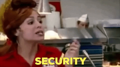 A woman in a diner kitchen yells, "Security."