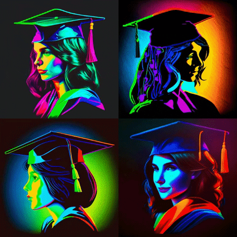 four different colorful images of a female, dark hair with a graduation cap and gown, a headshot