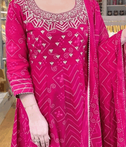 Women's Embroidered Cotton Anarkali  Kurti  With Pant And Dupatta Set (Pink)