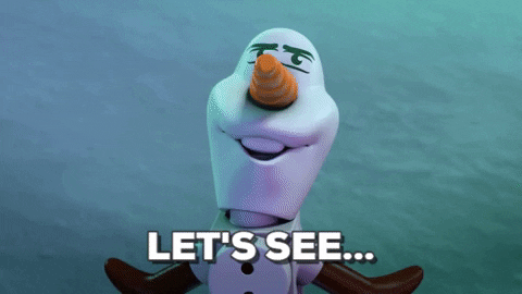 snow man character talking and saying "lets see" and holds a magnifying glass up to his eye