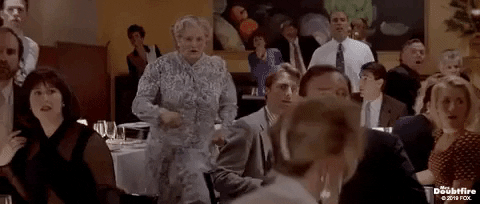 Mrs. Doubtfire running and saying help is on the way