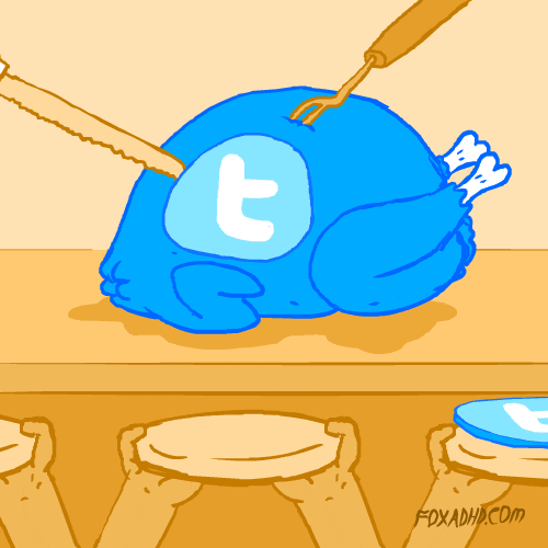 a blue Twitter bird roasted and being carved with slices of the Twitter bird landing on a plate below it with people moving up like a conveyer 