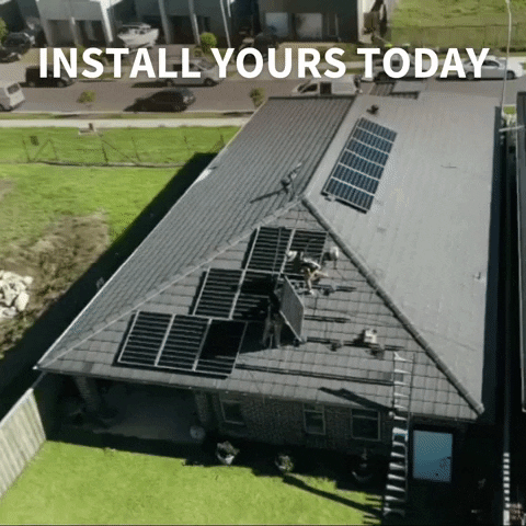 A group of workers install solar powers on the roof of a house, captioned "Install Yours Today"