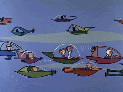 Animated footage of a lot of futuristic flying cars, stuck in traffic.