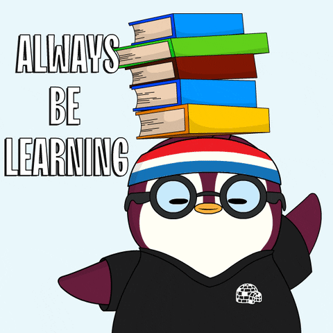 A penguin wearing glasses balances a stack of books on her head. The caption says "Always be learning."