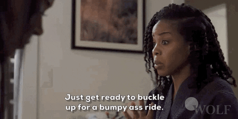 A woman talking about buckling up for a bumpy ride