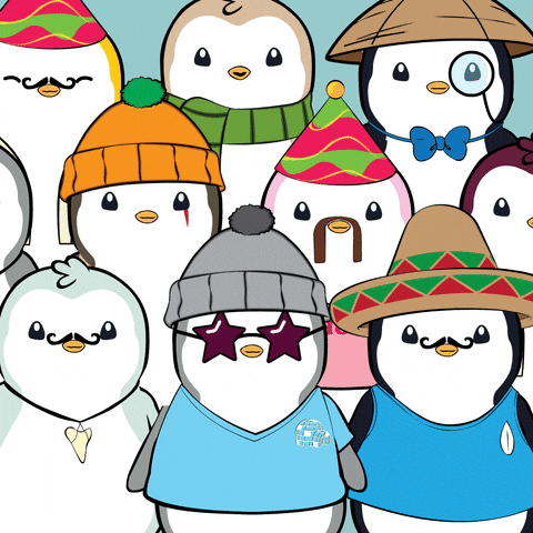 A group of cartoon penguins in various outfits waves, saying "Join us!"