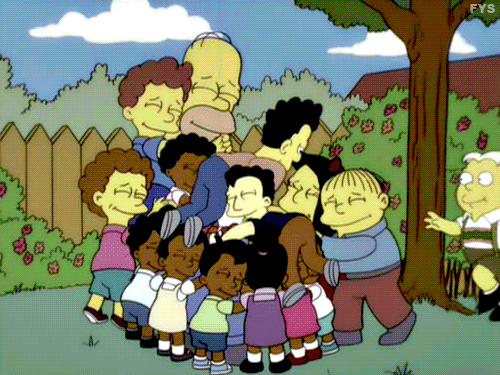 Simpsons characters hugging each other.