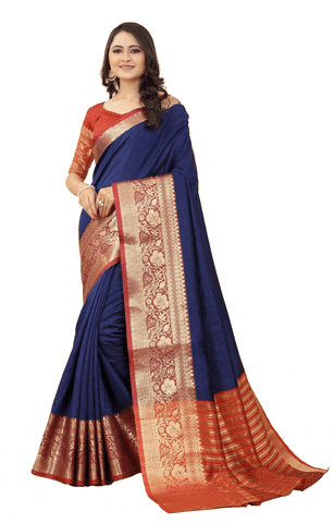 Women's Cotton Silk Woven Design Kanjeevaram Saree With Unstitched Blouse (Blue)