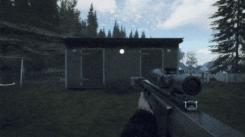 First person view of shooting a small shed with two sniper rifles